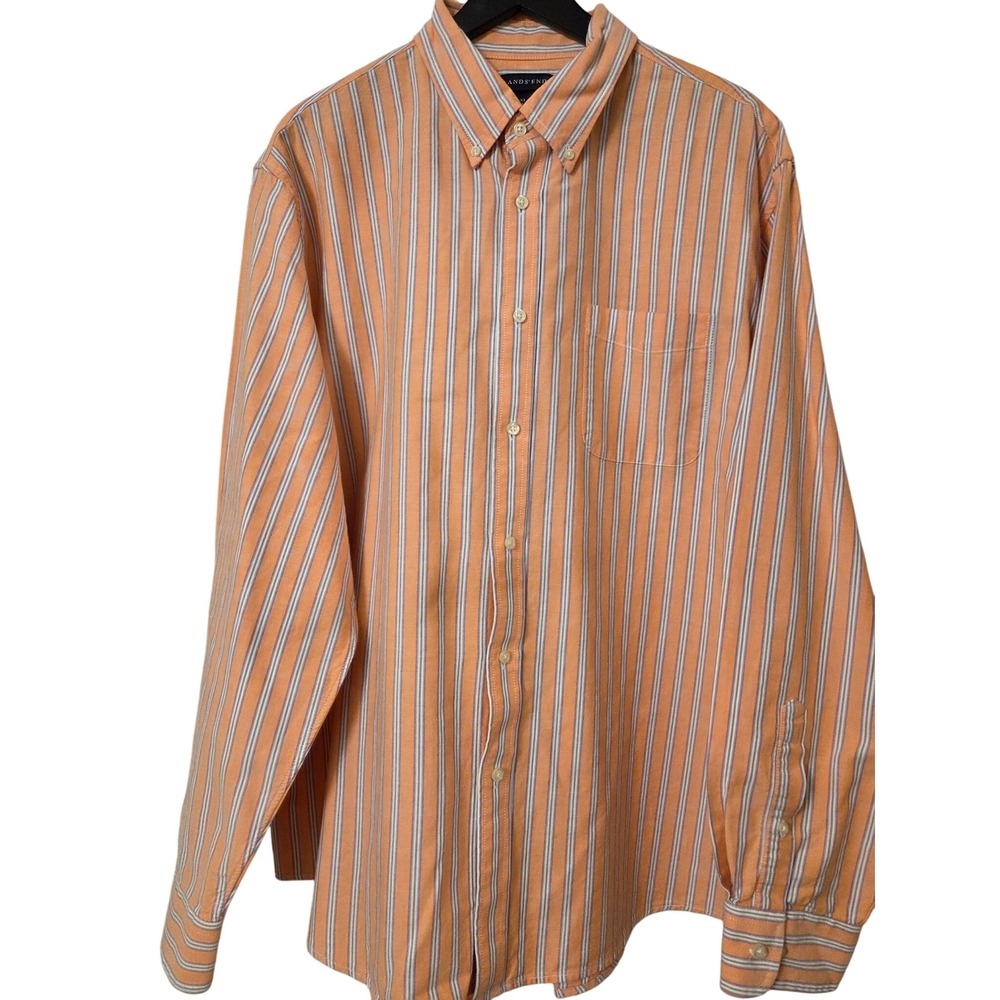 Lands End Men's XL Orange Stripe Button Down Long Sleeve Dress Shirt 17-17 1/2‎